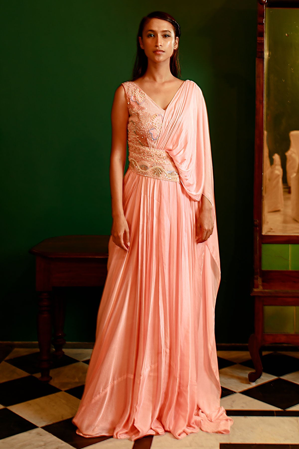 Pavone Peach Embroidered Draped Gown for women online at ScrollnShops