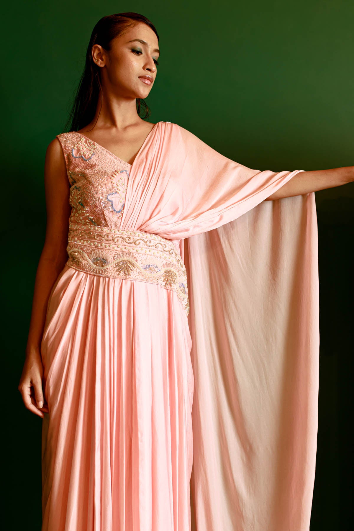 Peach Embroidered Draped Gown