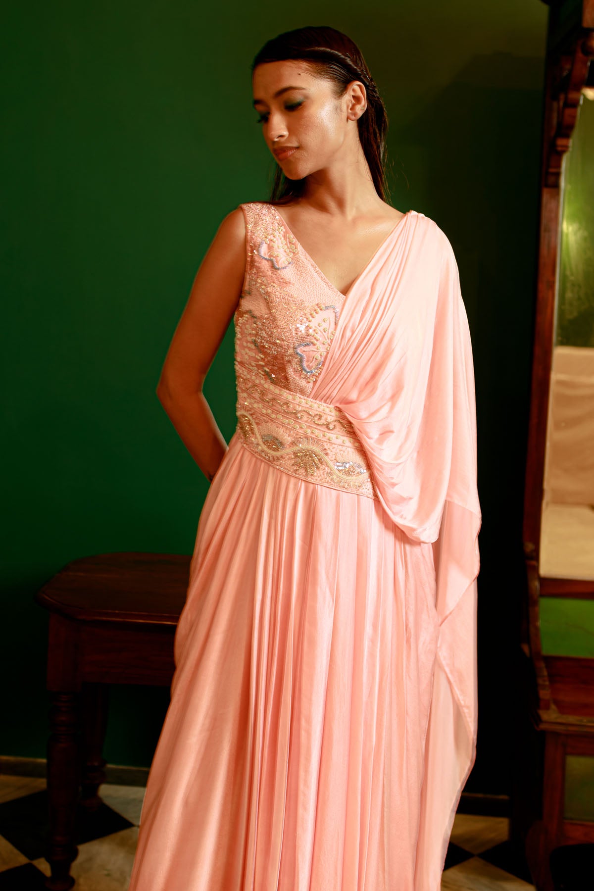 Peach Embroidered Draped Gown