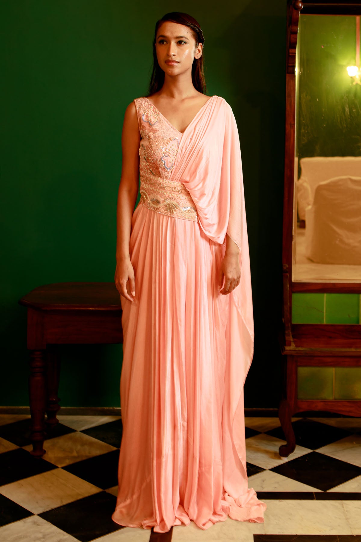 Peach Embroidered Draped Gown