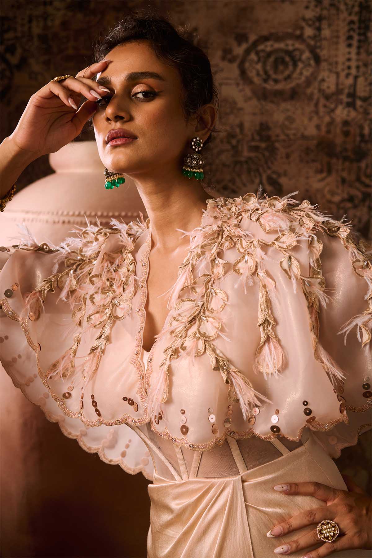 Peach Embroidered Gown & Cape