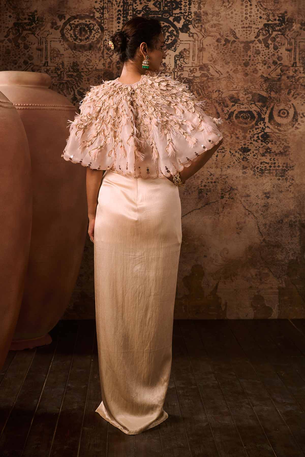 Peach Embroidered Gown & Cape