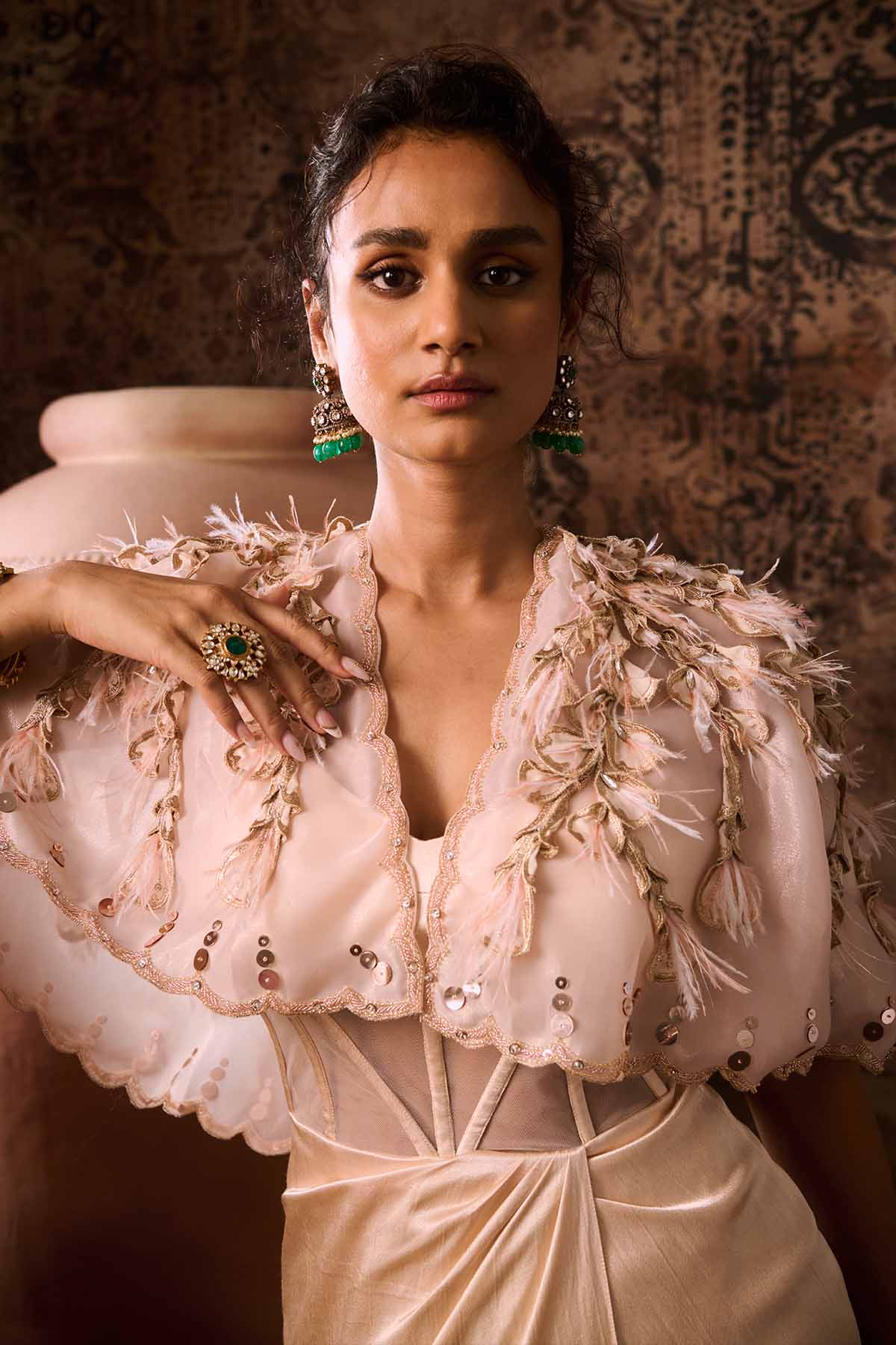 Peach Embroidered Gown & Cape