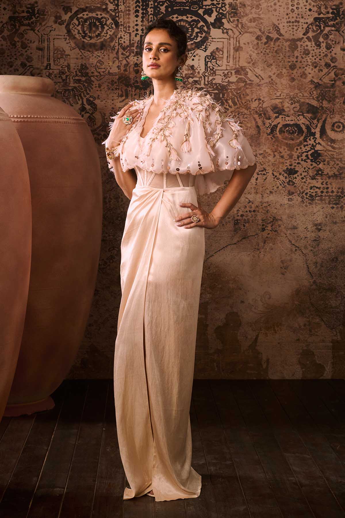 Peach Embroidered Gown & Cape