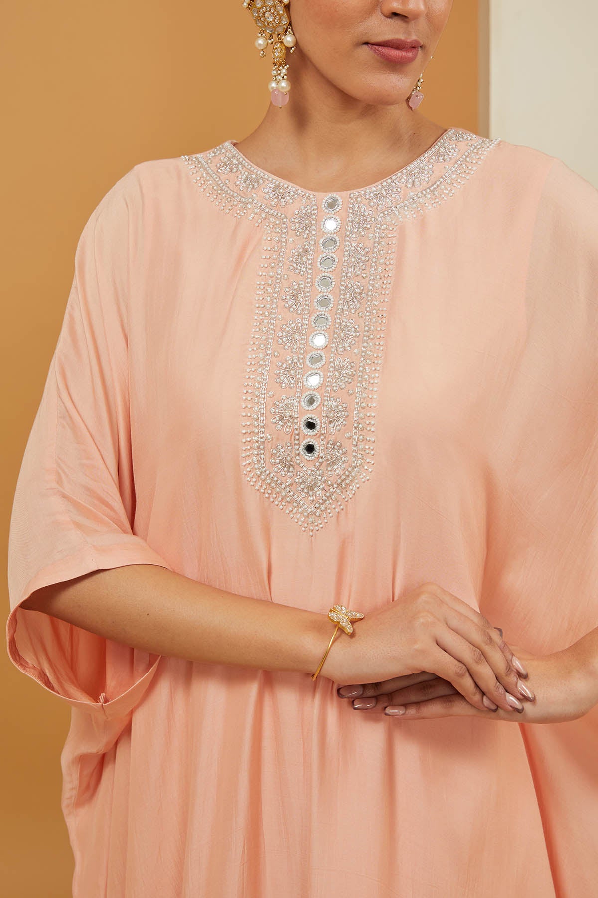 Peach Embroidered Kaftan Set