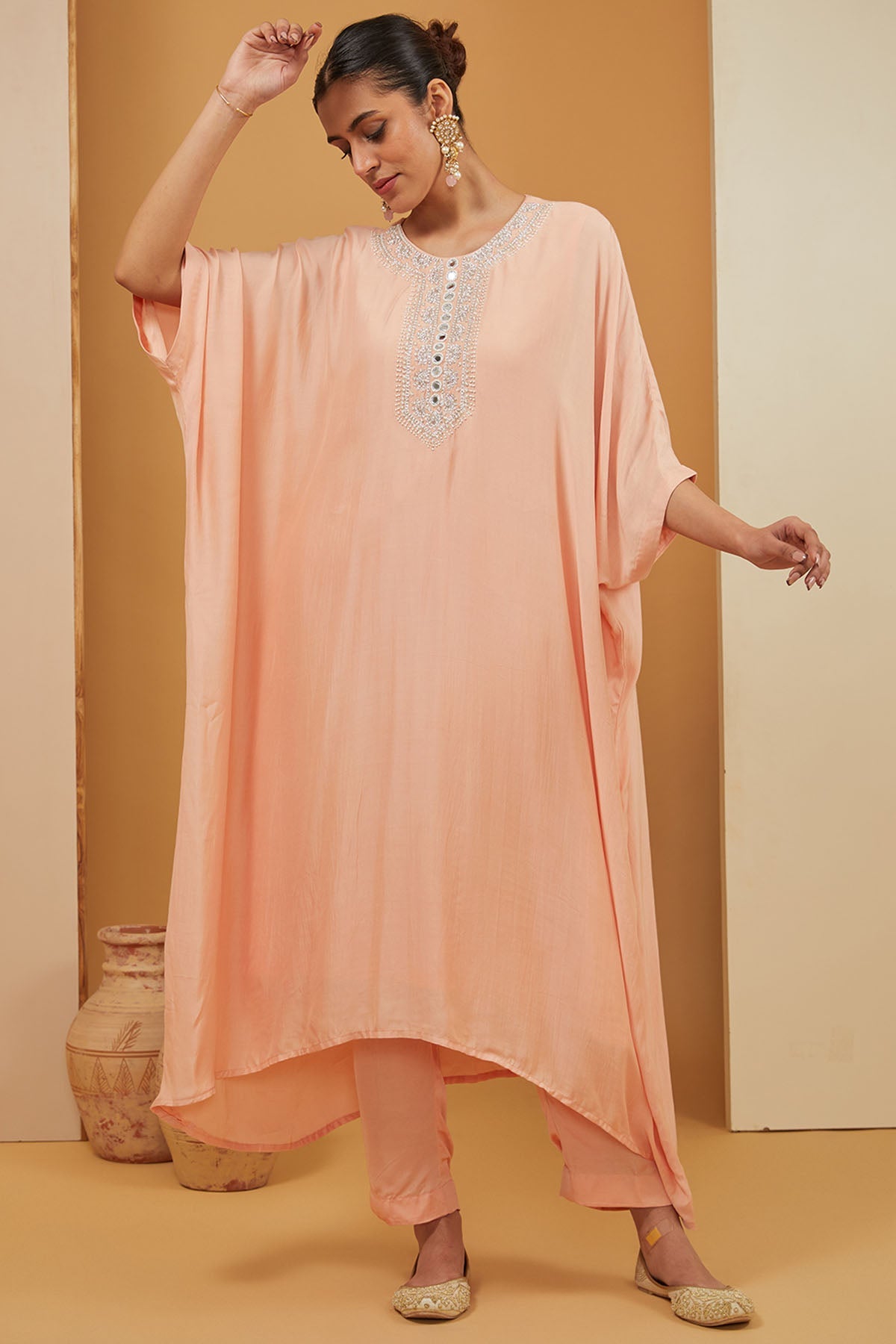 Neha Khullar Peach Embroidered Kaftan Set for women online at ScrollnShops