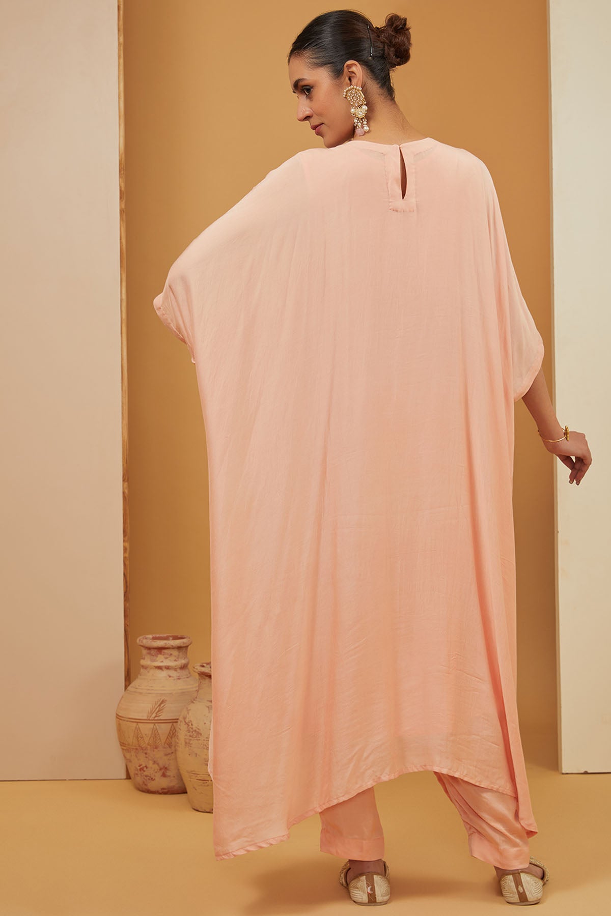 Peach Embroidered Kaftan Set