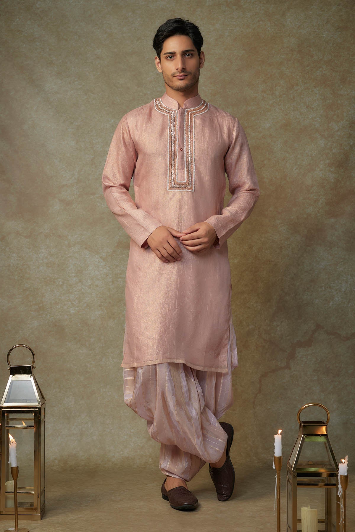 Buy Peach Embroidered Kurta & Dhoti by Masumi Mewawalla for men online at ScrollnShops