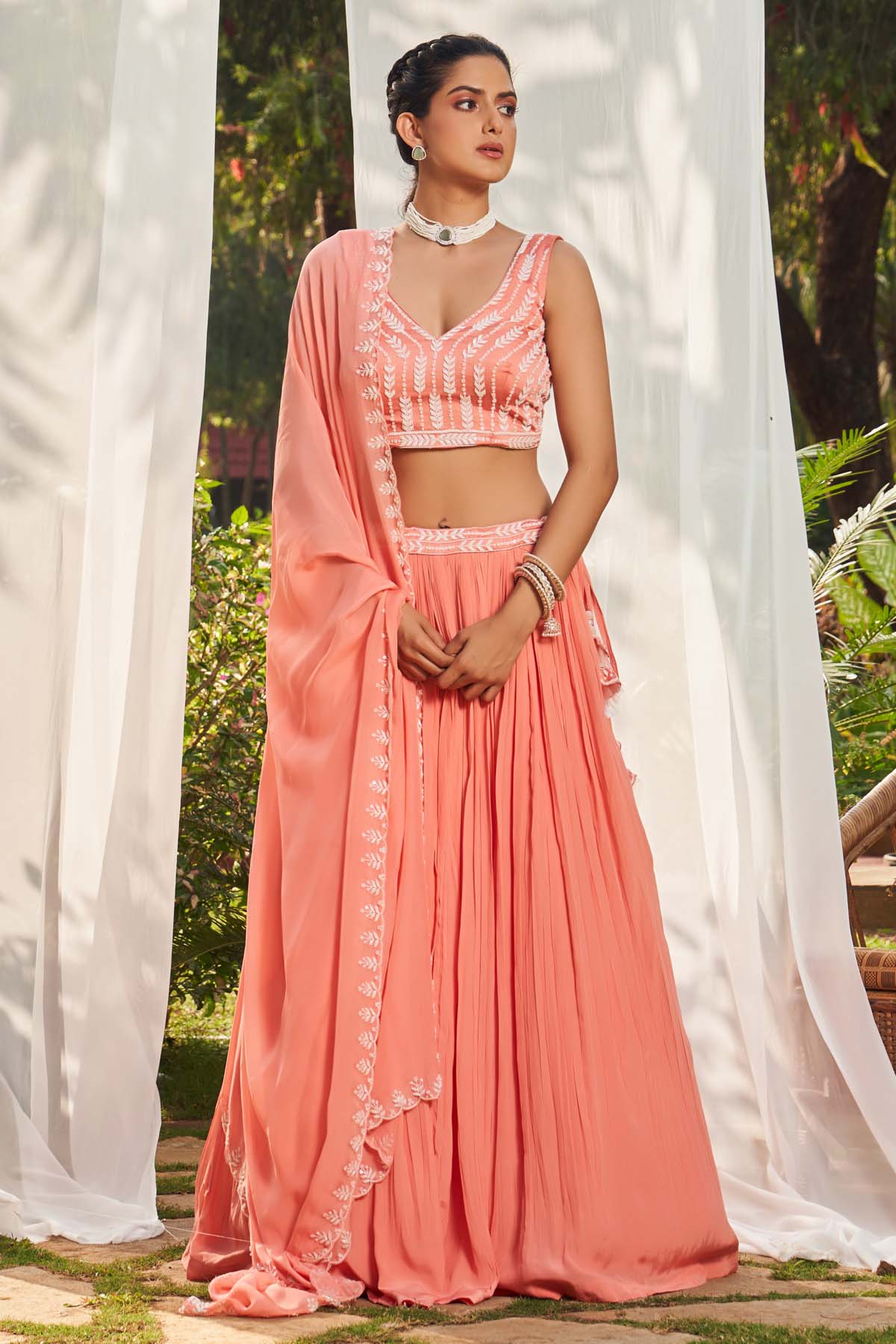 Peach Gathered Lehenga Set