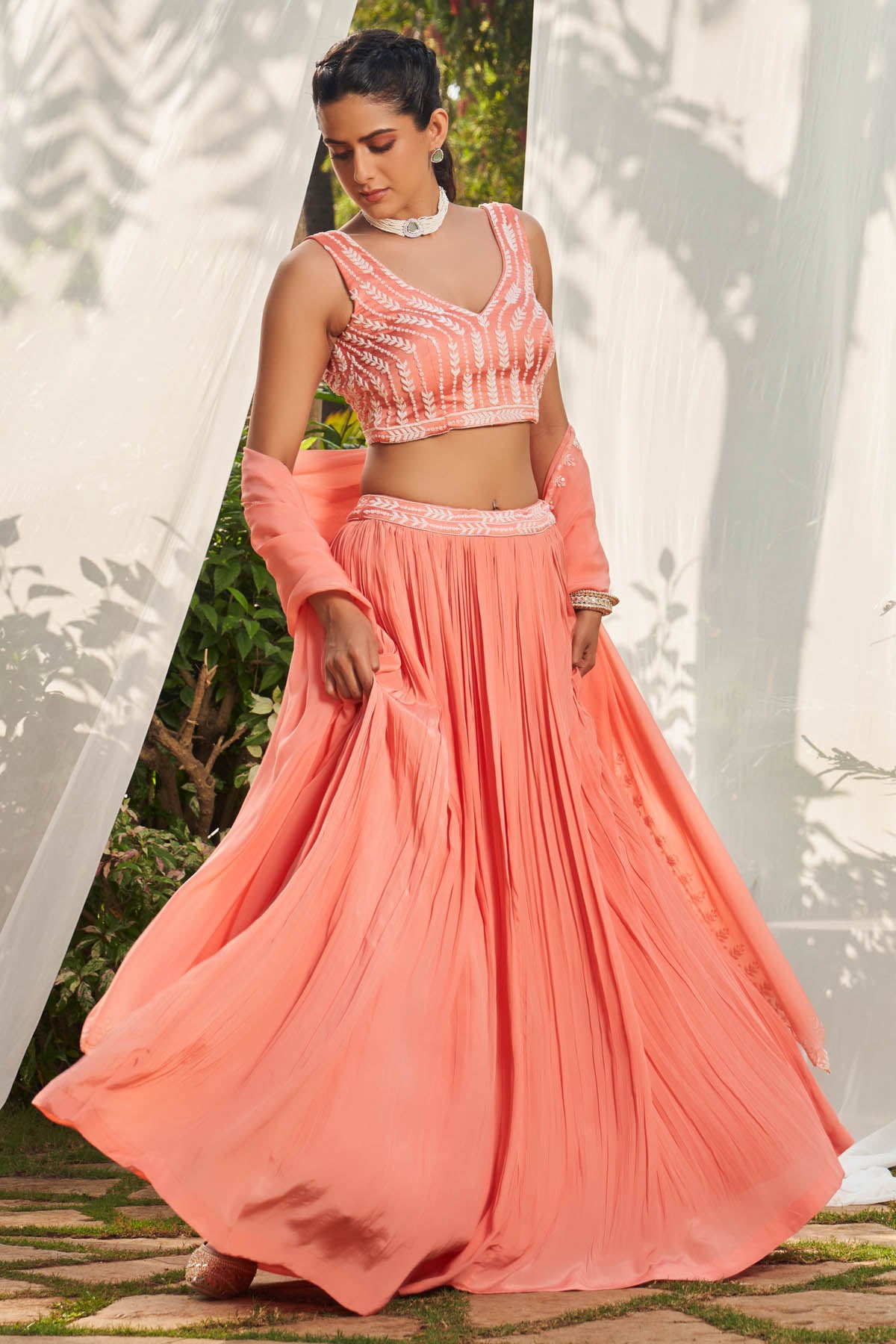 Peach Gathered Lehenga Set