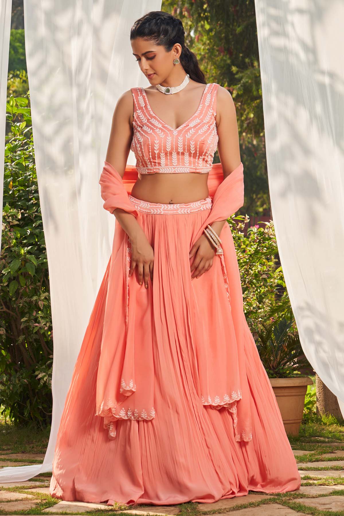 Megha Pitti Peach Embroidered Lehenga Set for women online at ScrollnShops