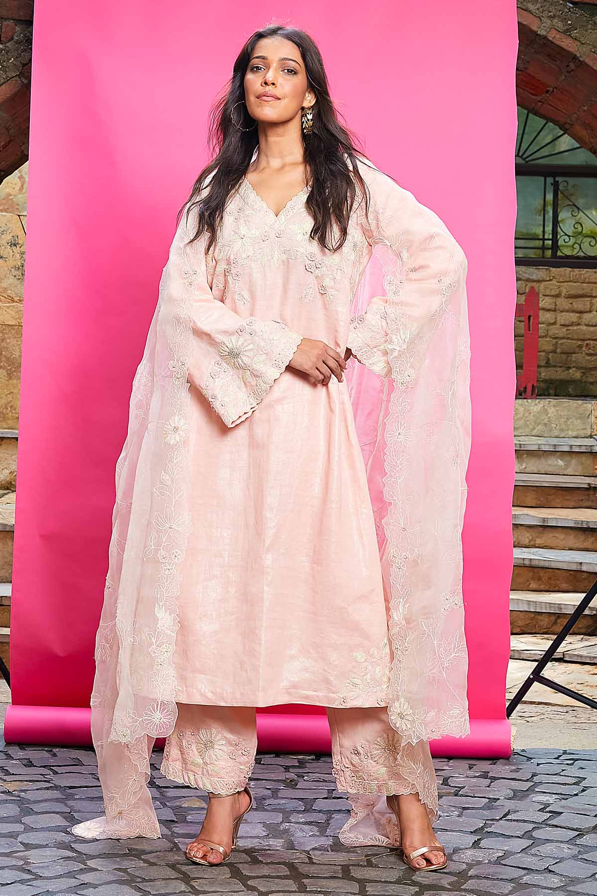 Peach Embroidered Long Kurta Set