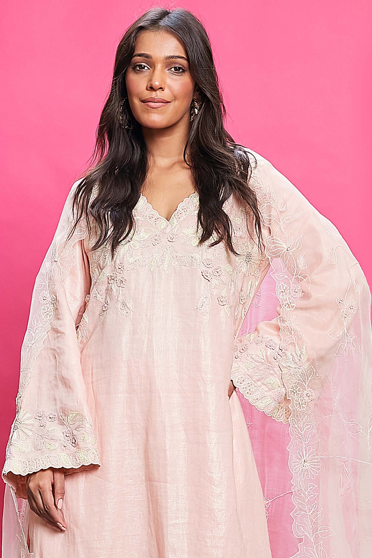 Peach Embroidered Long Kurta Set