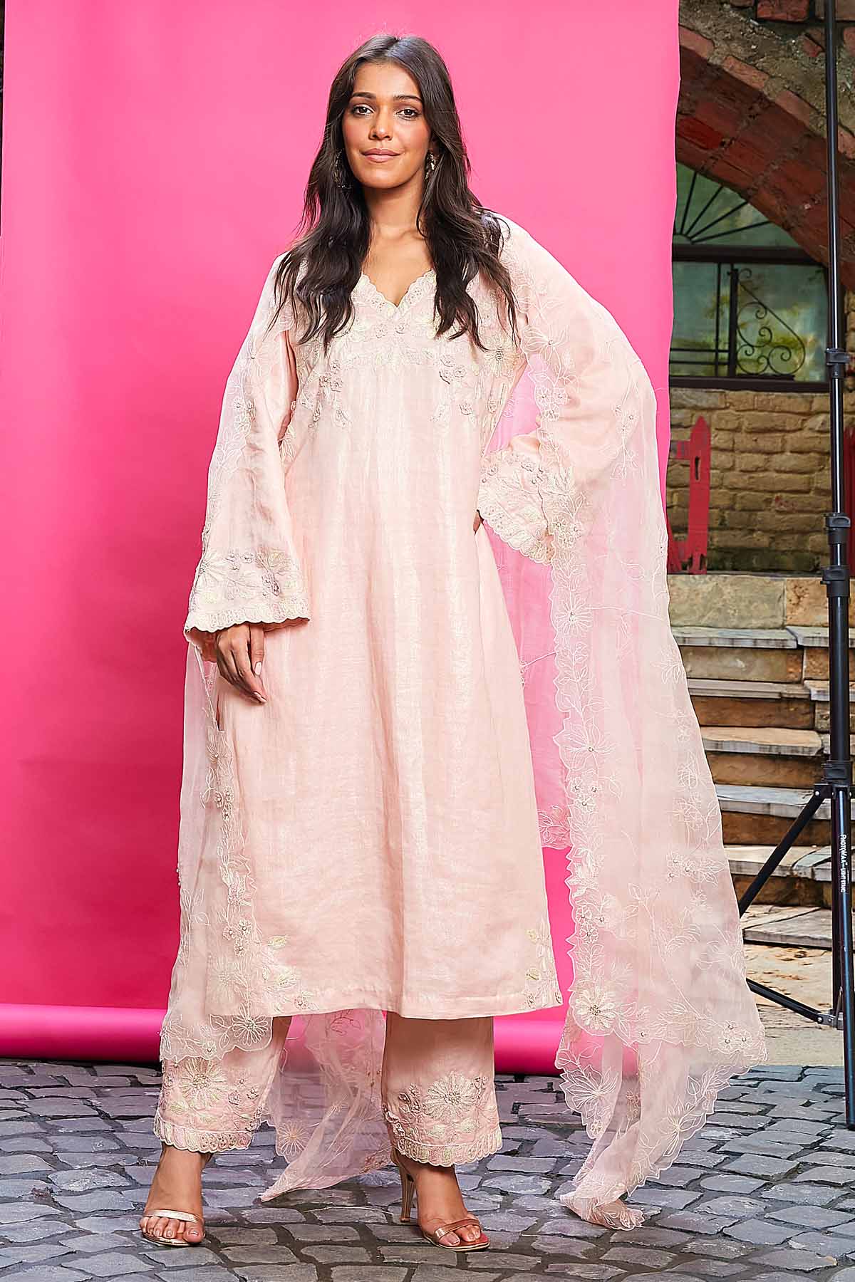 Peach Embroidered Long Kurta Set