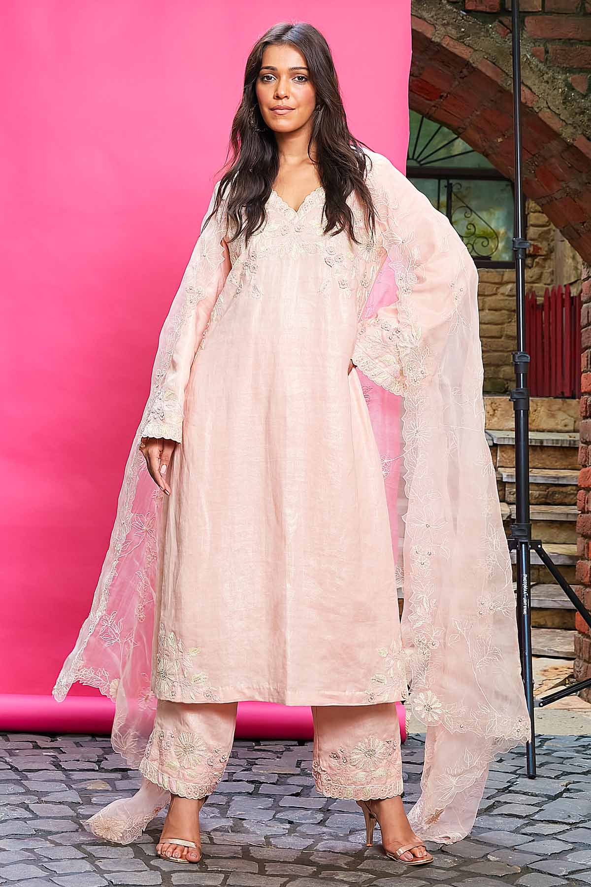 Priyanka Jain Peach Embroidered Long Kurta Set for women online at ScrollnShops