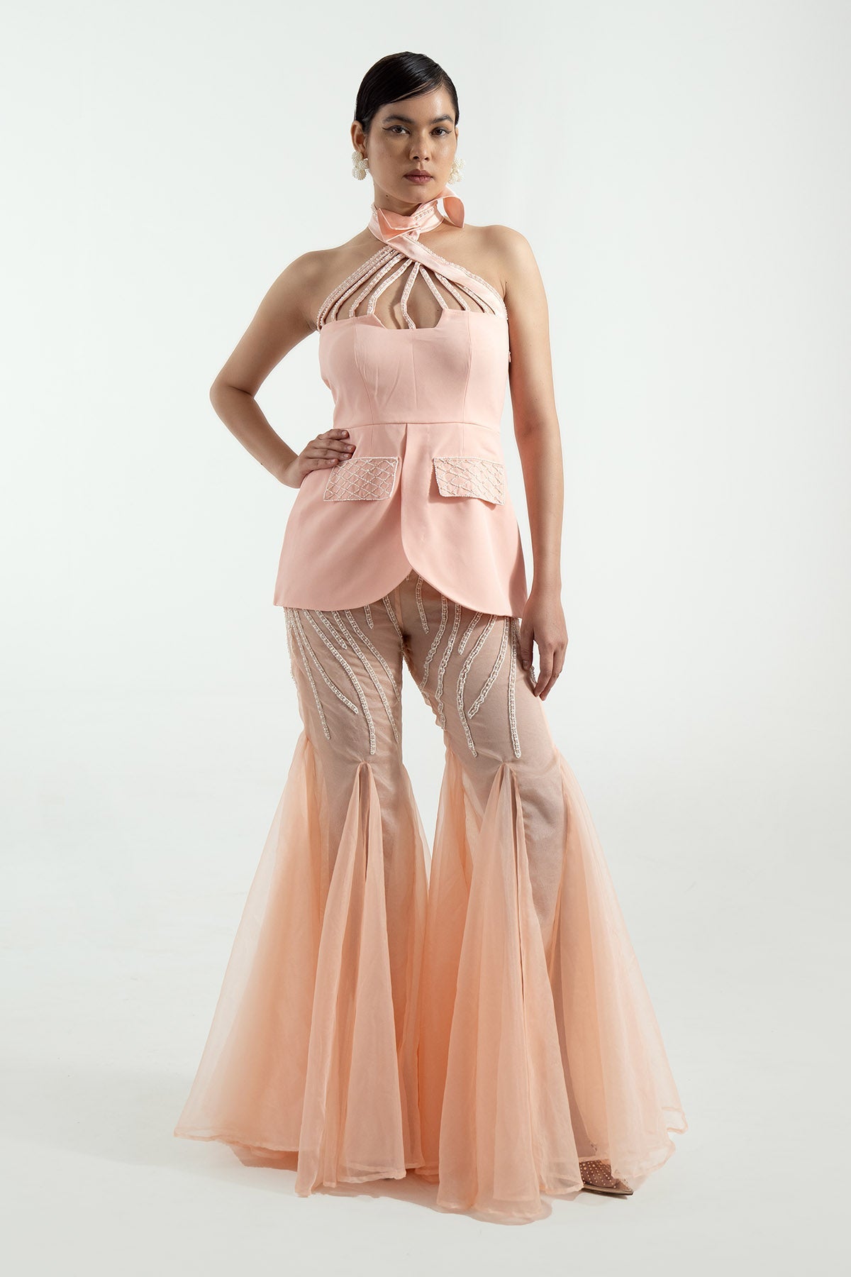 Buy Designer Peach Embroidered Palazzo & Top Online