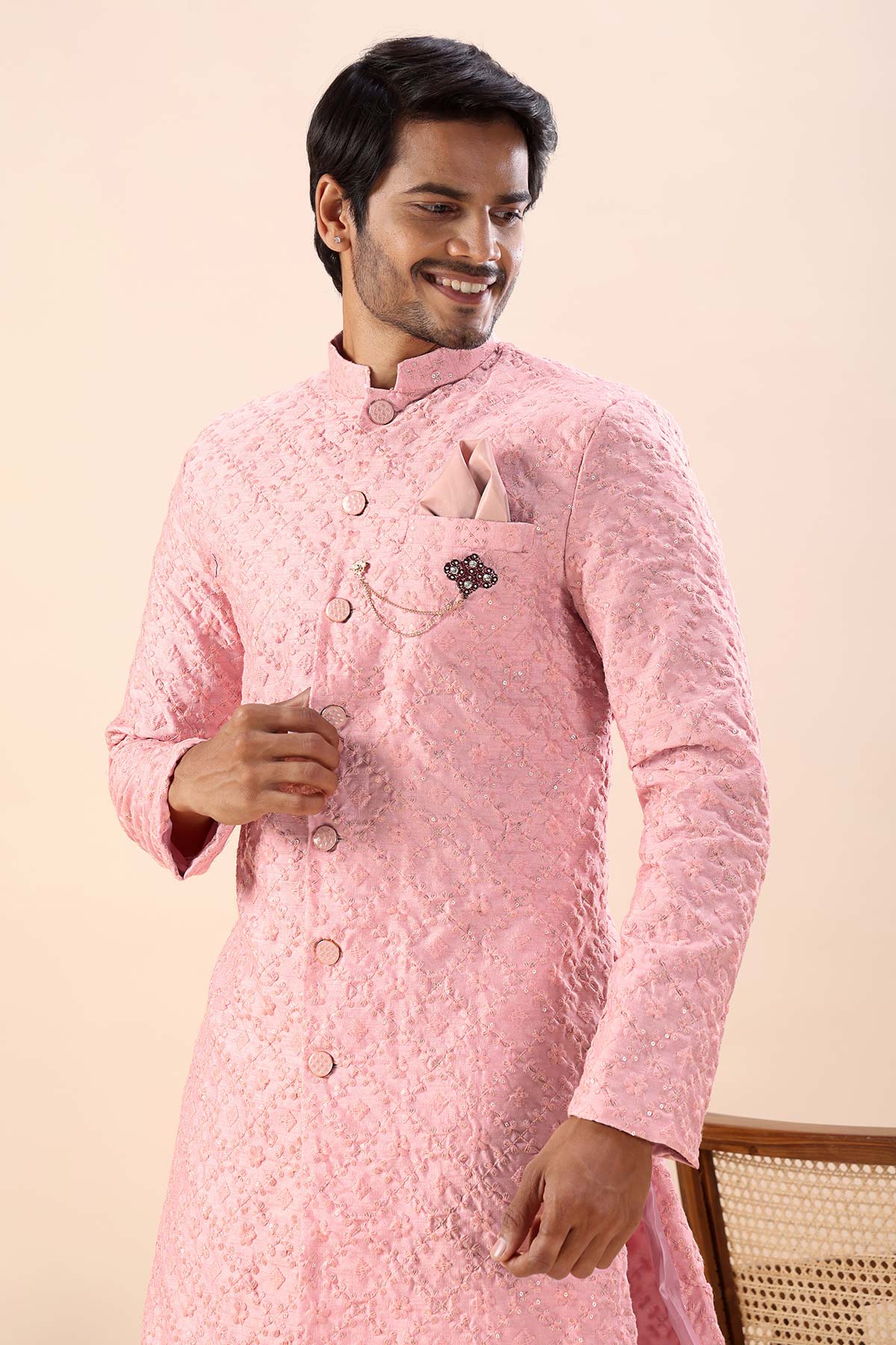 Peach Embroidered Sherwani Set
