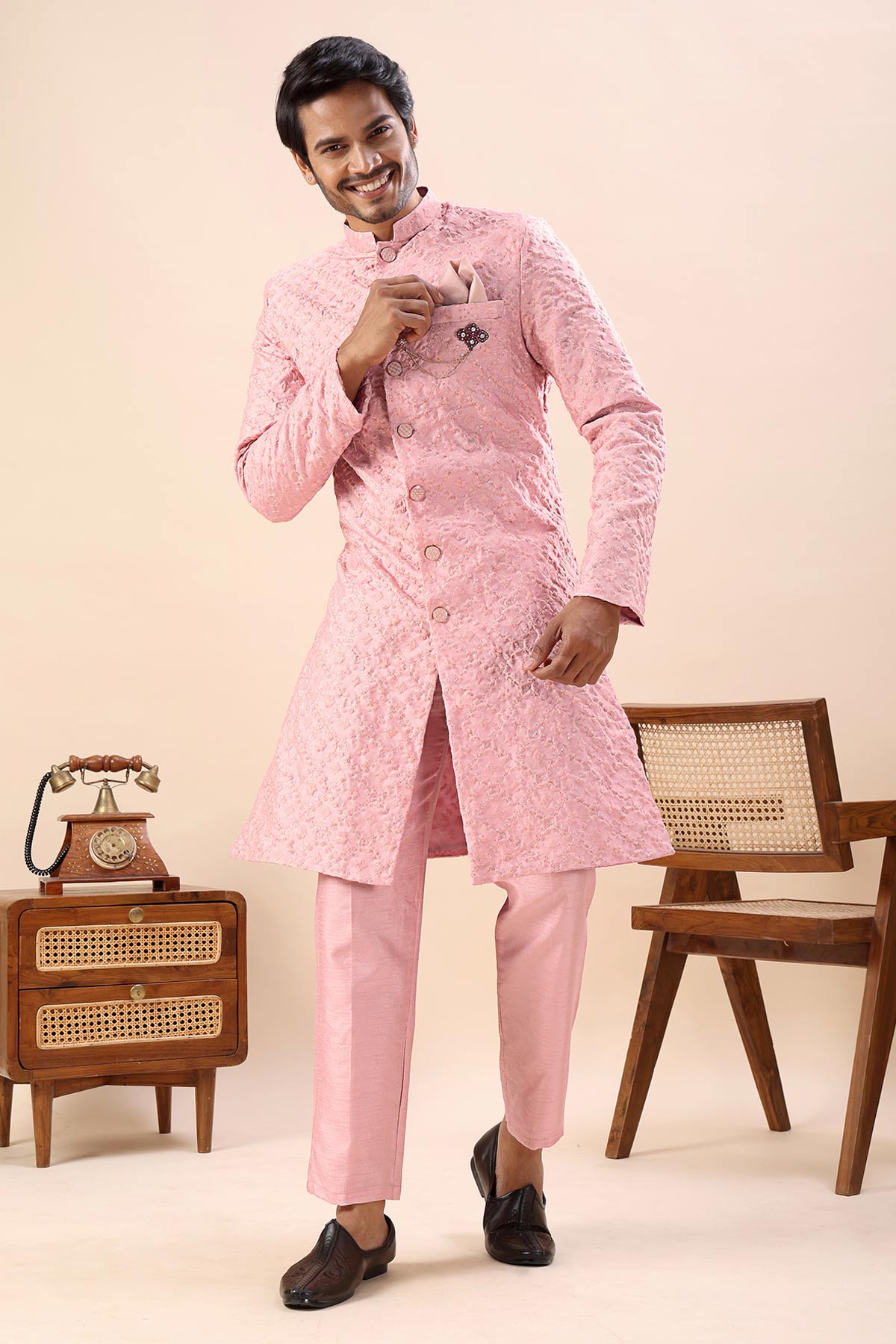 Buy Peach Embroidered Sherwani Set for men by Aastha Fashion online available at scrollnshops