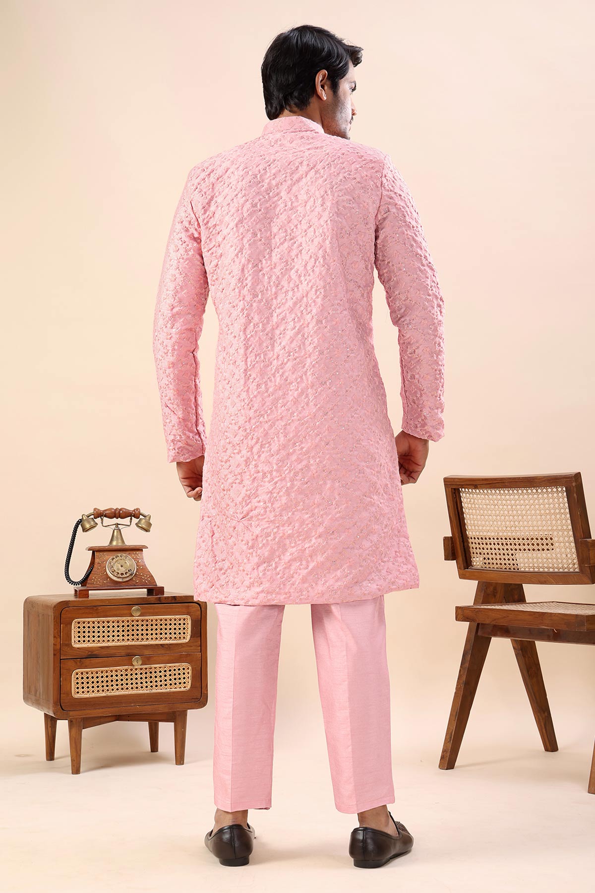 Peach Embroidered Sherwani Set