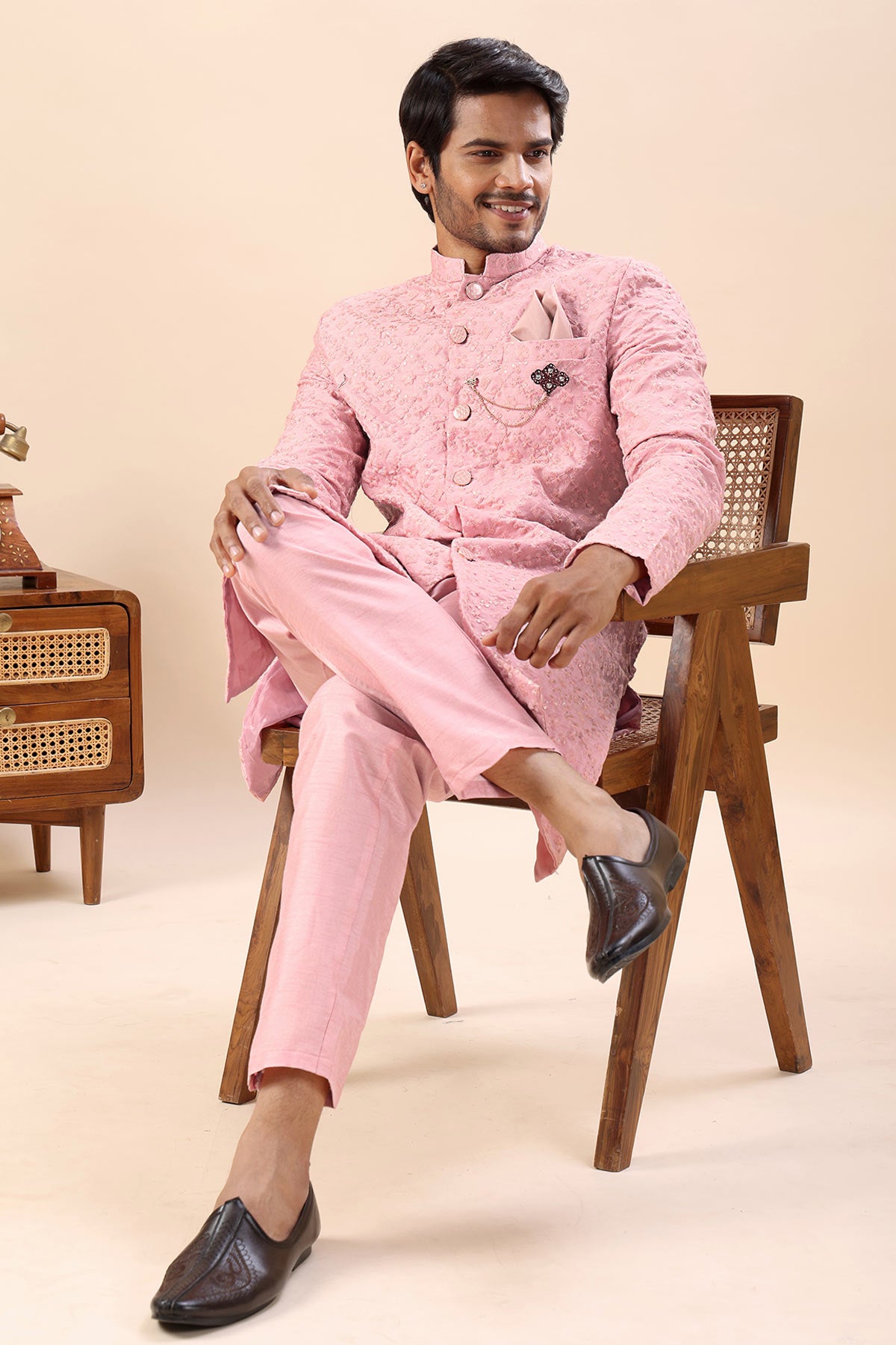 Peach Embroidered Sherwani Set
