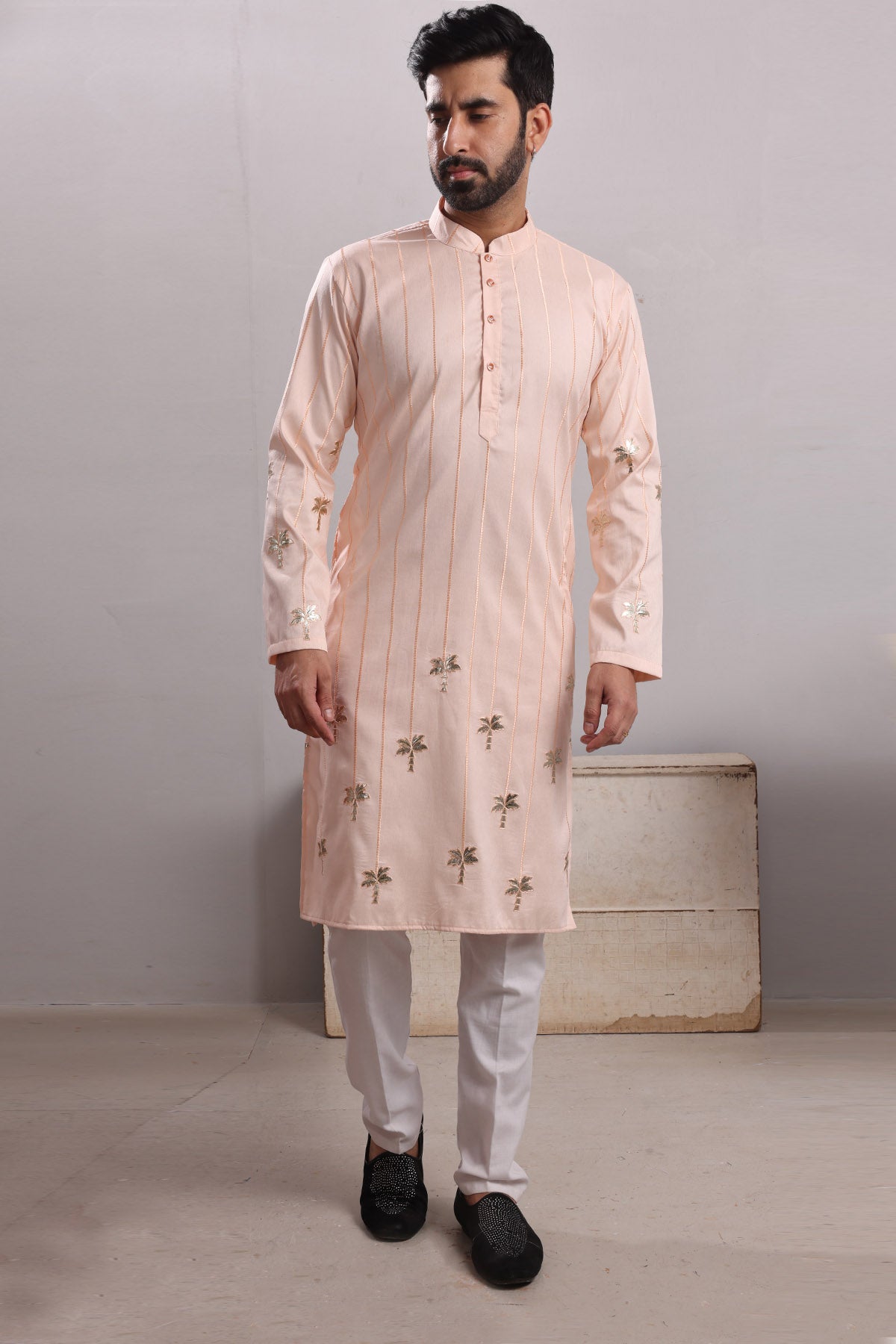 Peach Embroidered Silk Kurta