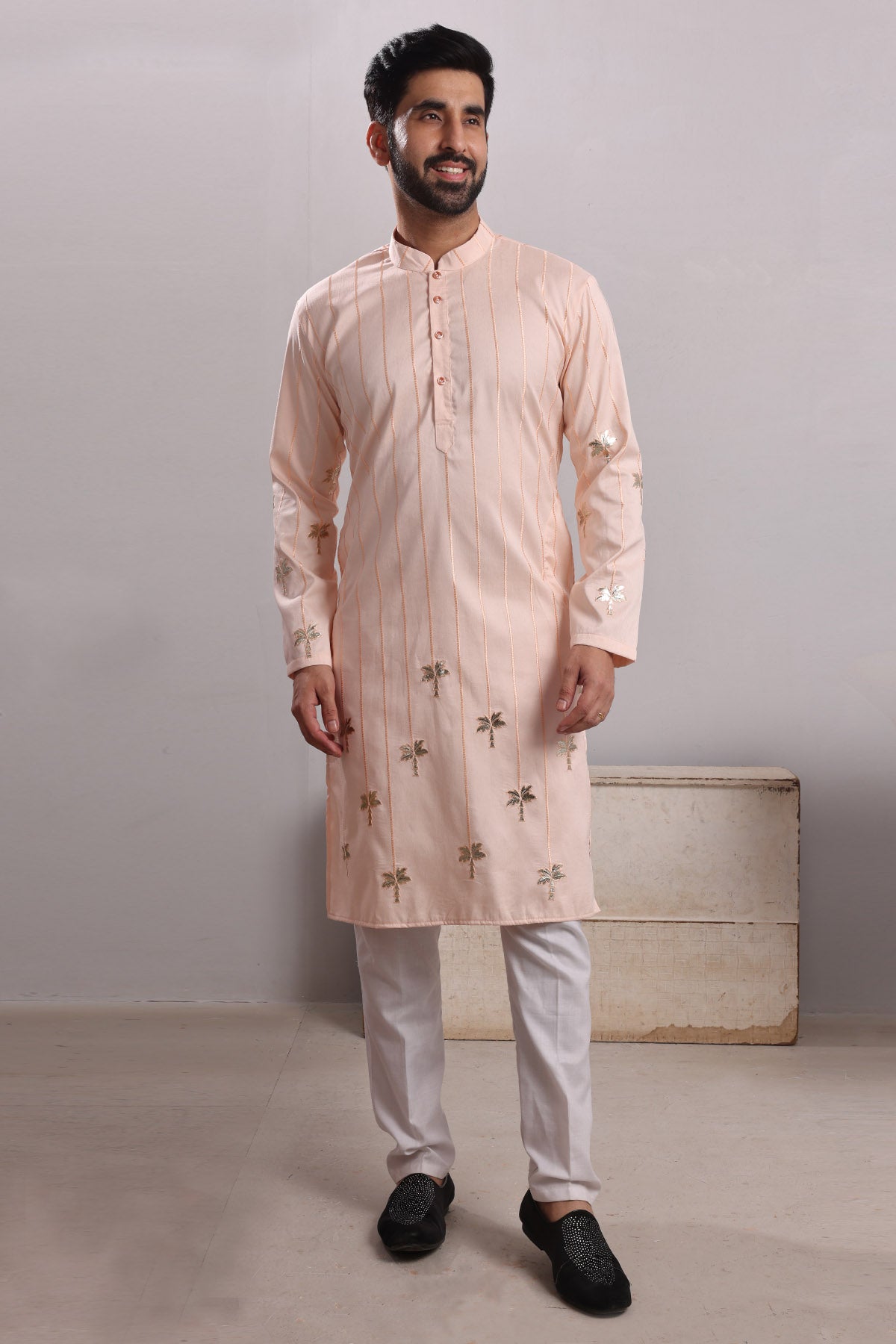 Peach Embroidered Silk Kurta