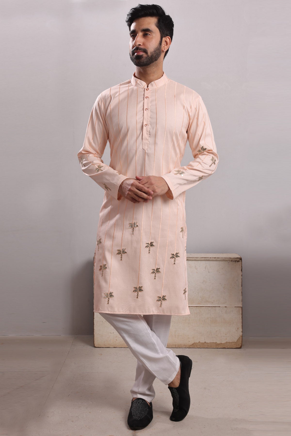 Buy Peach Embroidered Silk Kurta by SNEHA B - Men for men online at ScrollnShops