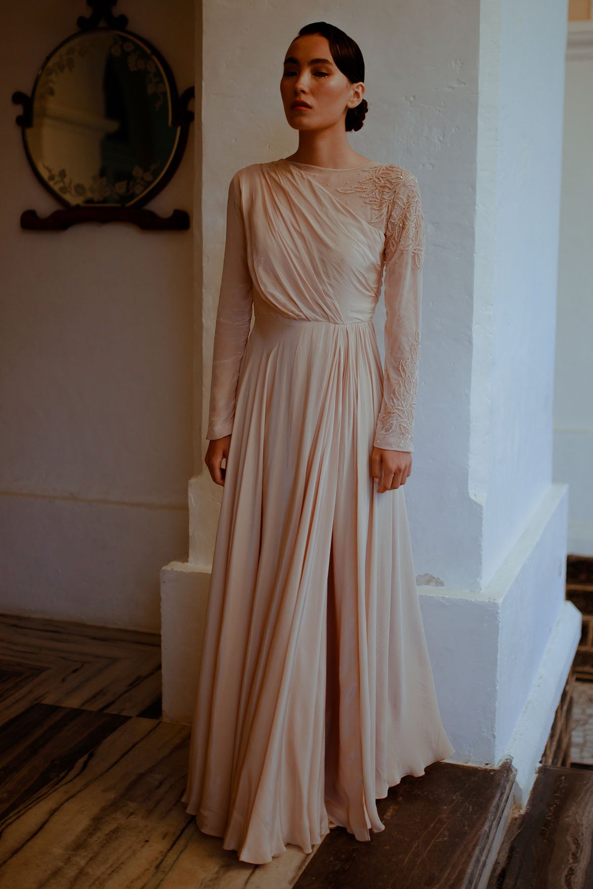 Pavone Peach Embroidered Slit Gown for women online at ScrollnShops