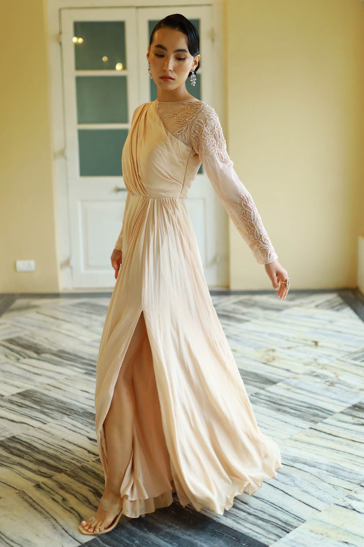 Peach Embroidered Slit Gown