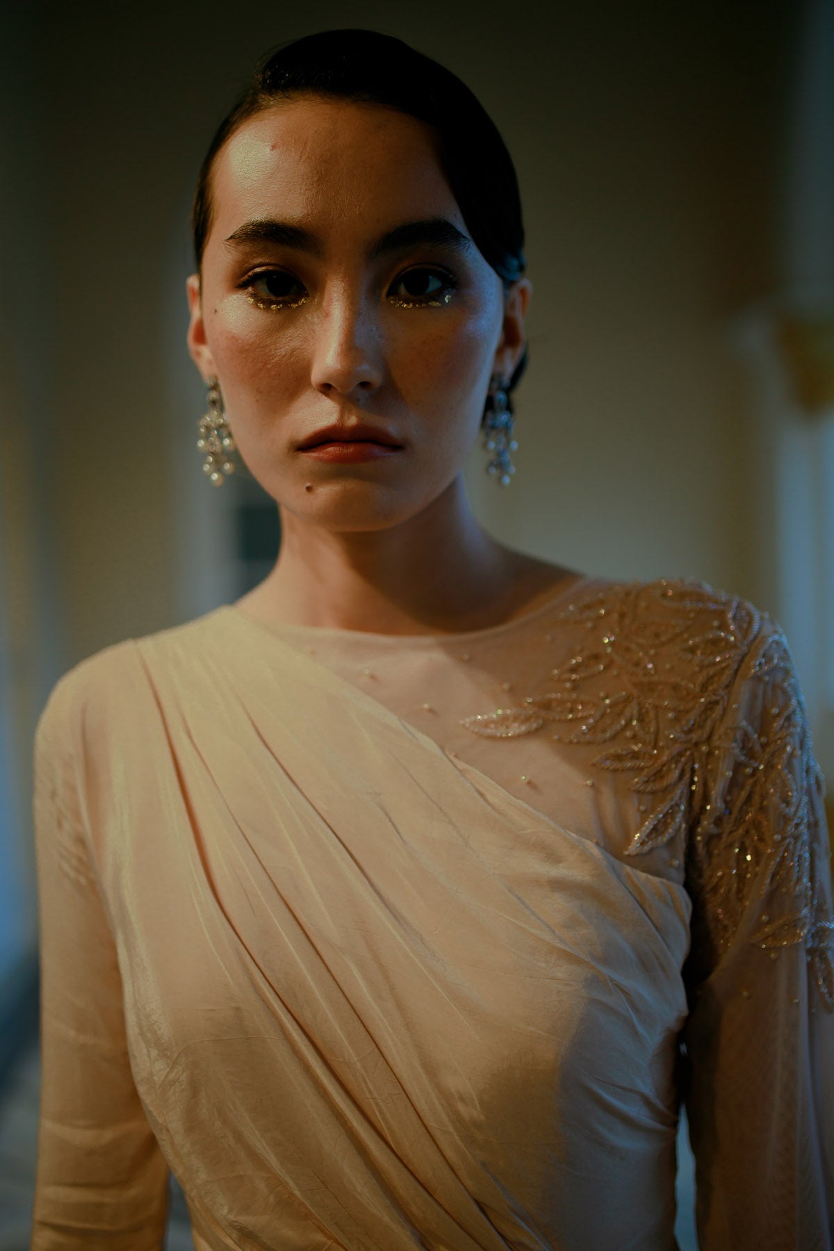 Peach Embroidered Slit Gown