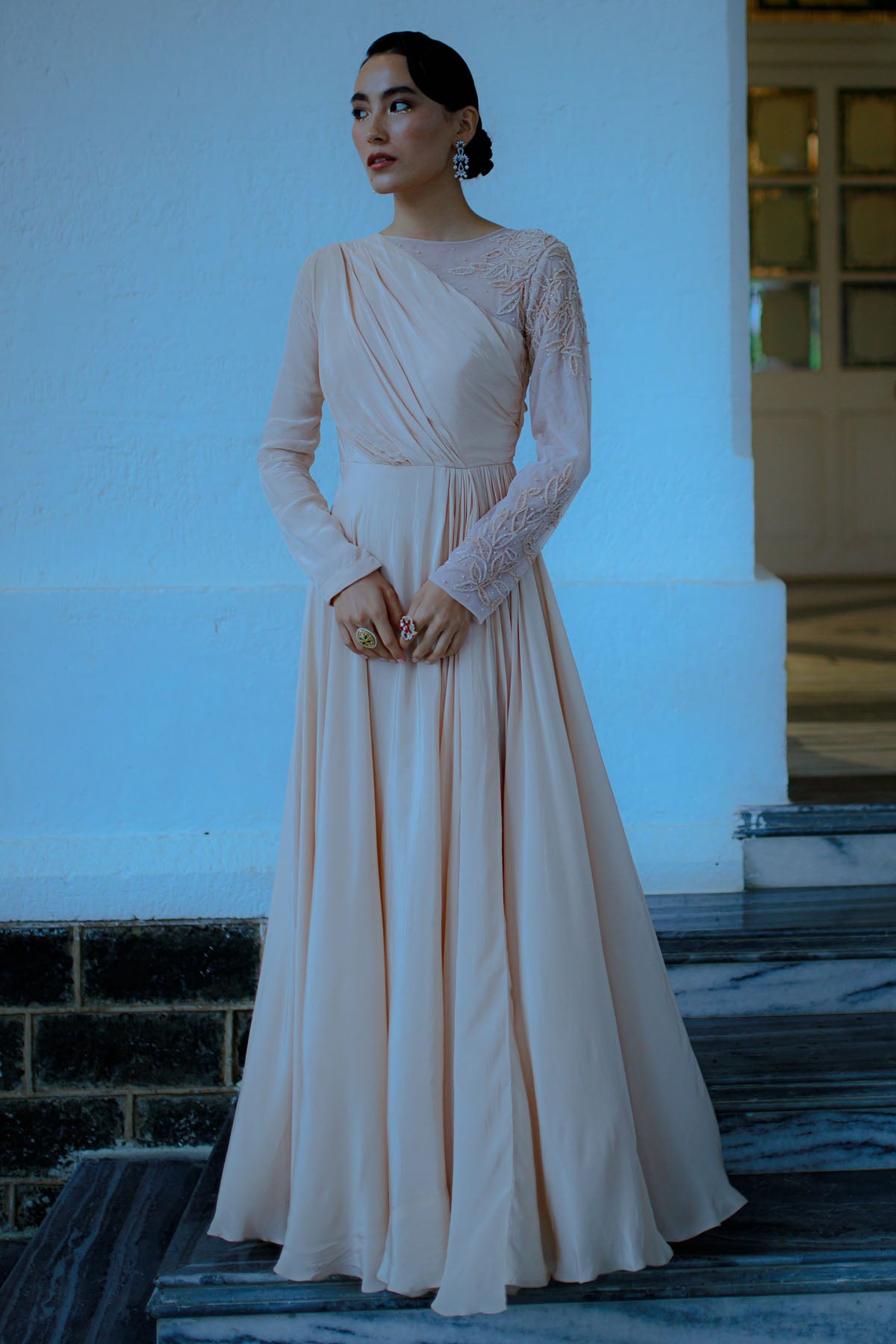 Peach Embroidered Slit Gown