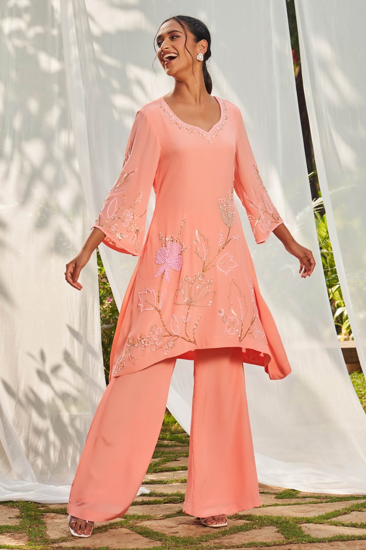 Megha Pitti Peach Embroidered Tunic & Pants for women online at ScrollnShops