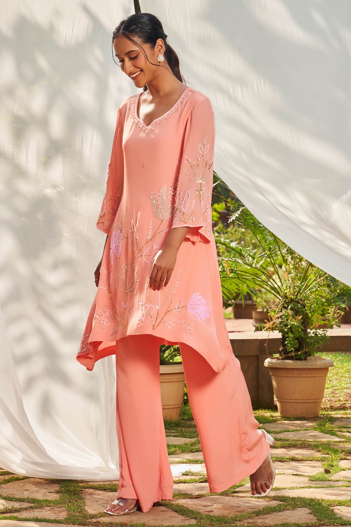 Peach Embroidered Tunic & Pants