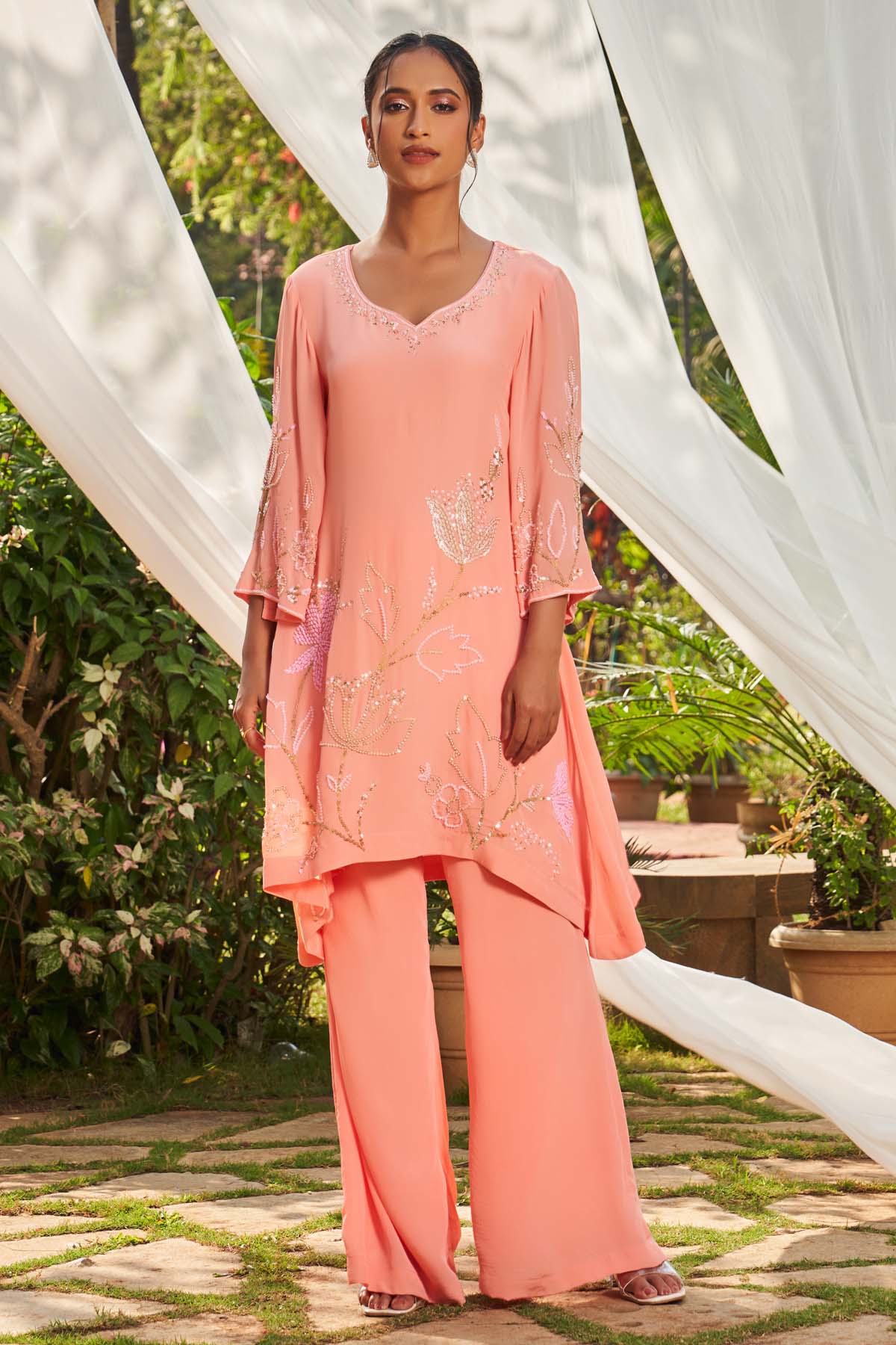 Peach Embroidered Tunic & Pants