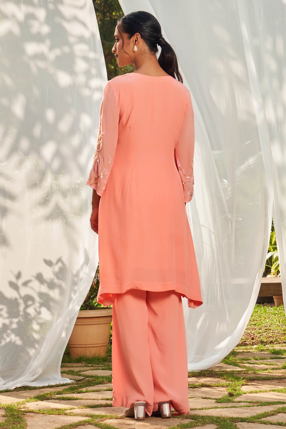 Peach Embroidered Tunic & Pants