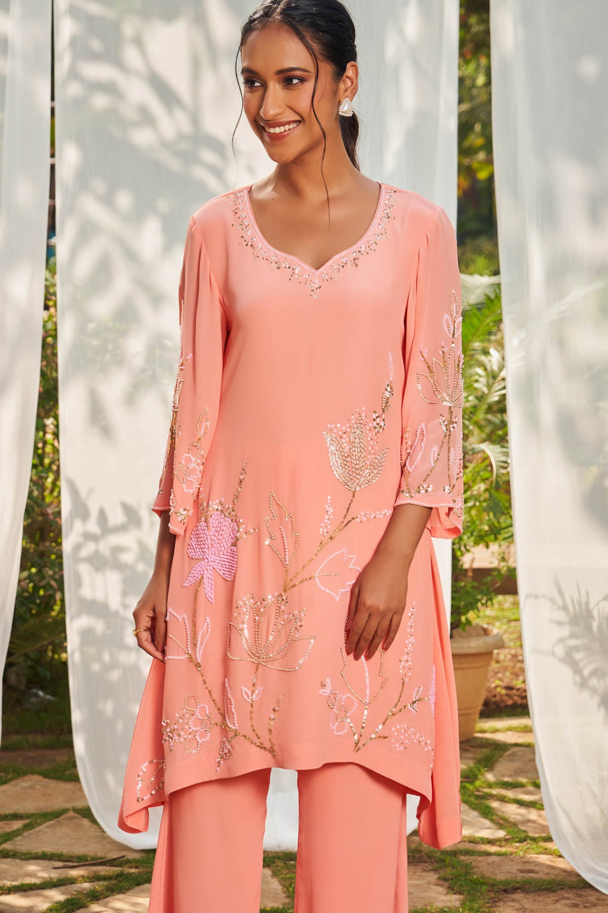 Peach Embroidered Tunic & Pants