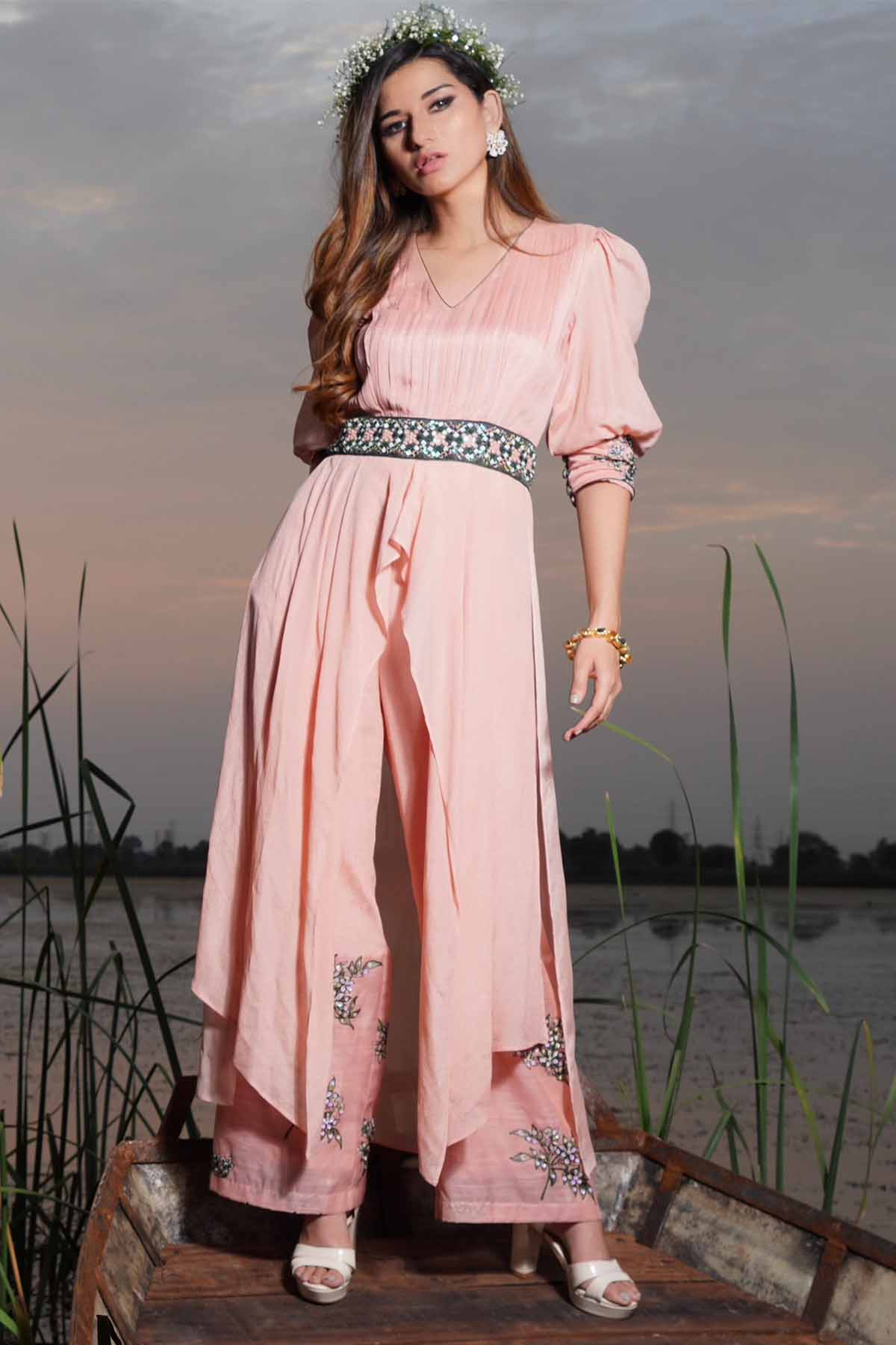 Sejal Kamdar Peach Flared V-Neck Jumpsuit for women online at ScrollnShops