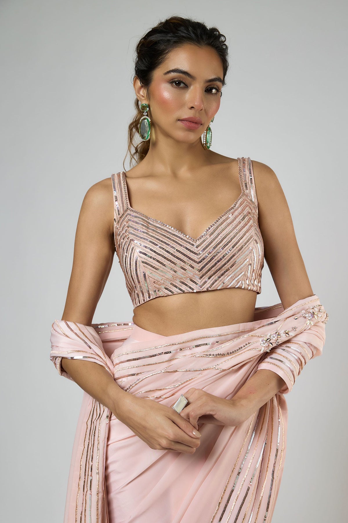 Peach Floral Draped Saree Set