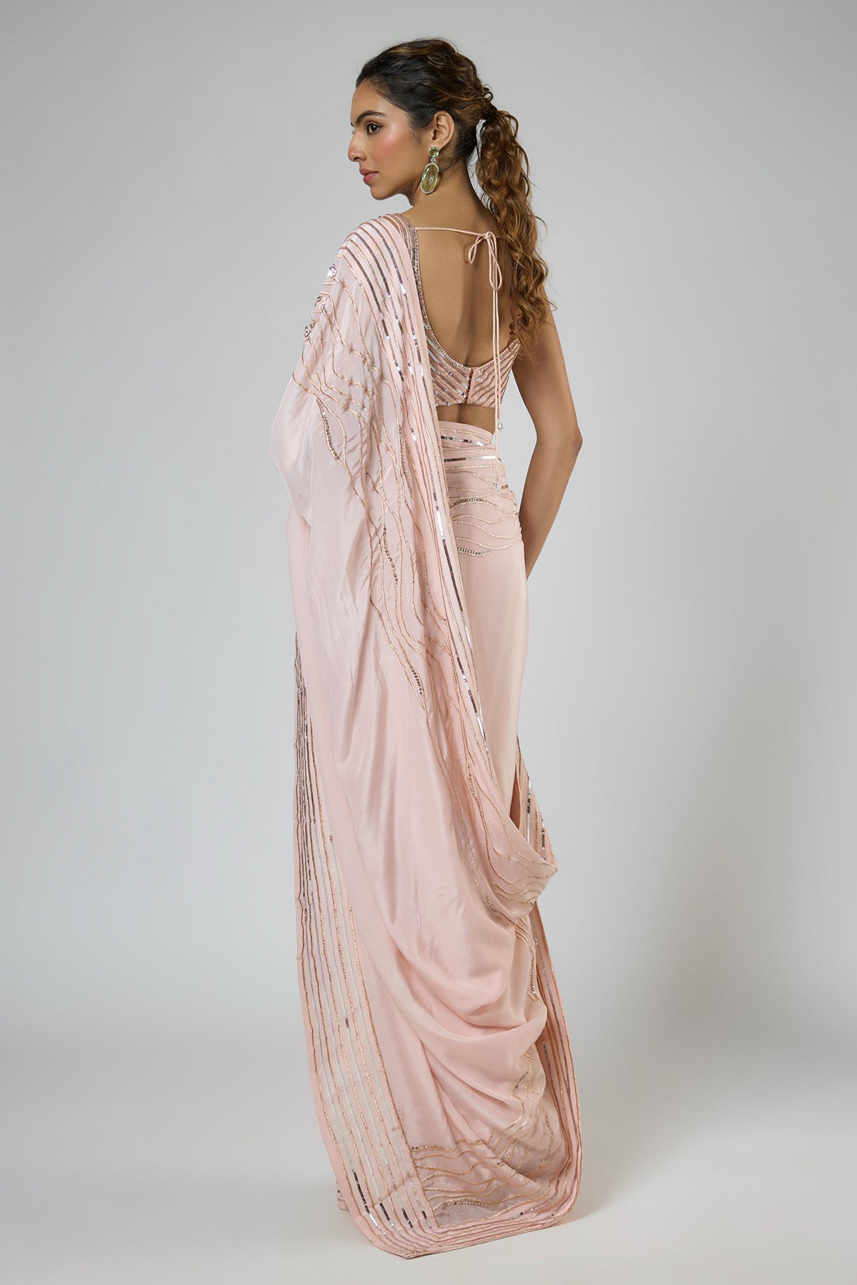 Peach Floral Draped Saree Set