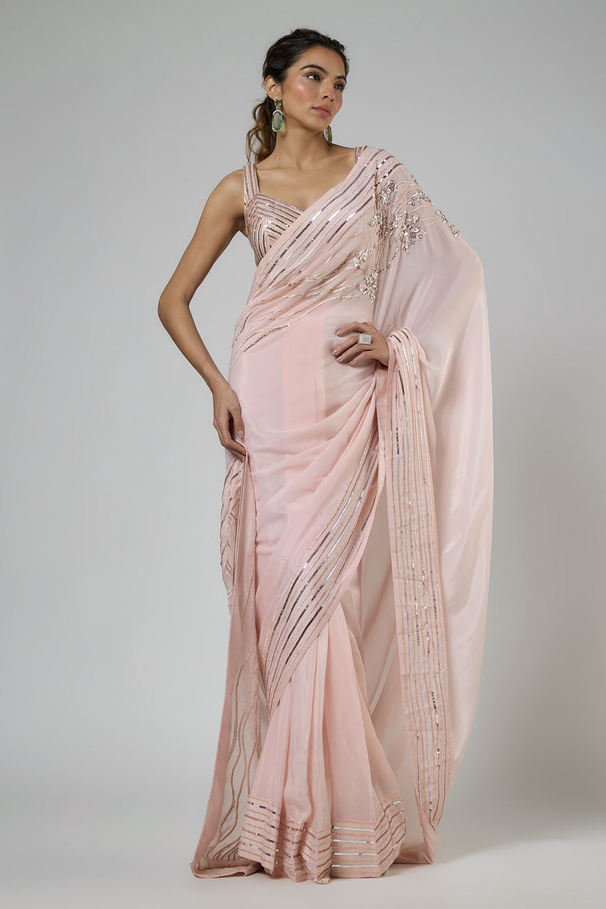 Buy Peach Floral Draped Saree Set for women by Masumi Mewawalla online available at scrollnshops