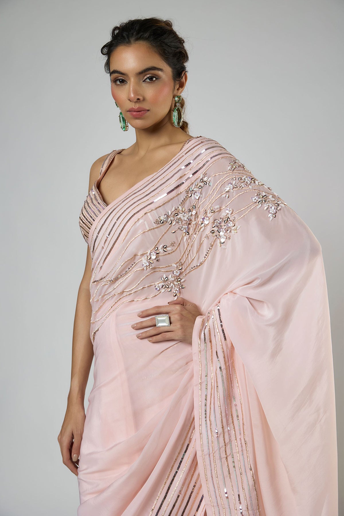 Peach Floral Draped Saree Set