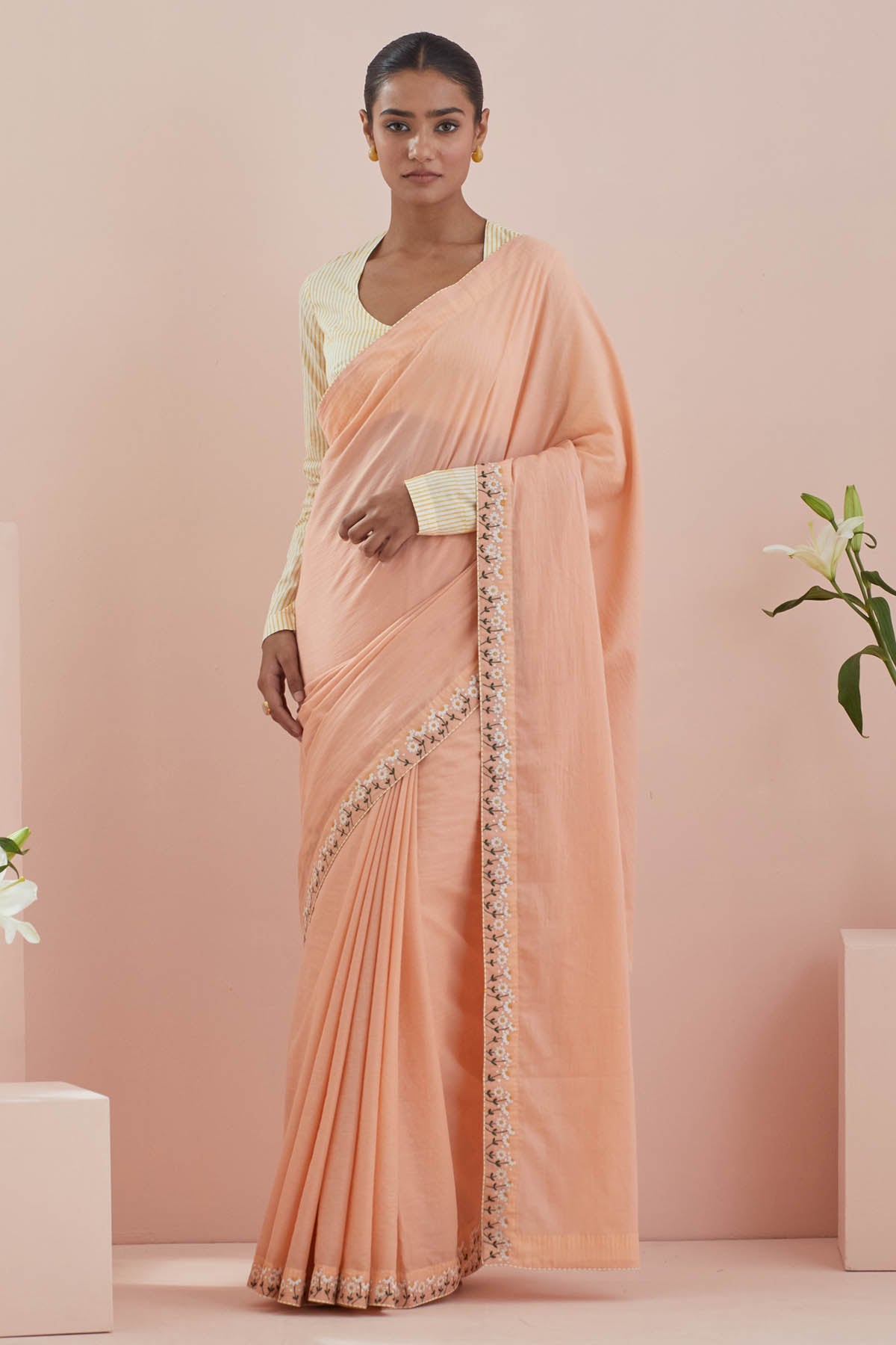 Vinusto Peach Floral Embroidered Saree for women online at ScrollnShops