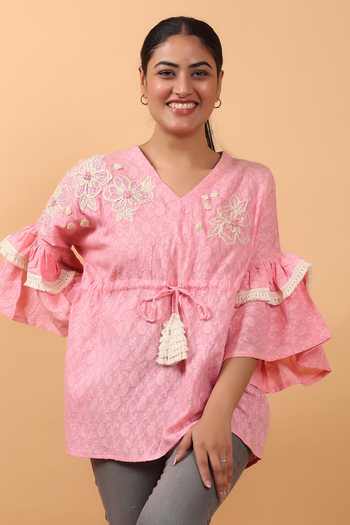 Buy Peach Floral Embroidered Top by OSKOS for women online at ScrollnShops