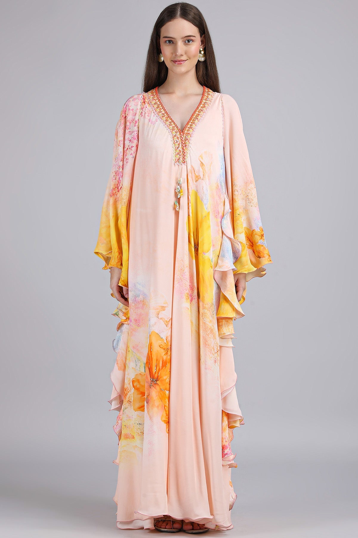 Buy Peach Floral Faux Print Kaftan for women by Mandira Wirk online available at scrollnshops