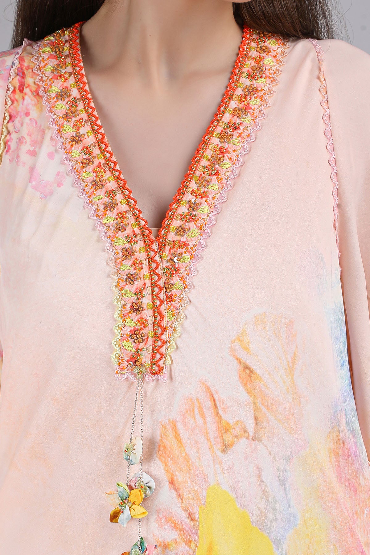 Peach Floral Faux Print Kaftan