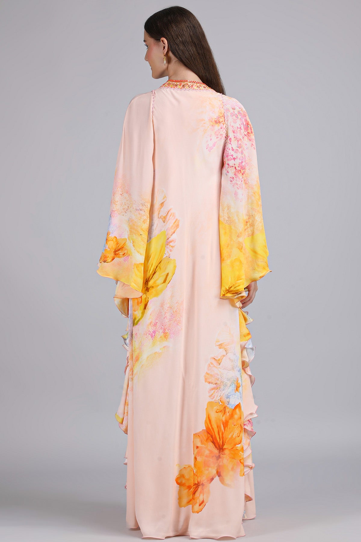 Peach Floral Faux Print Kaftan