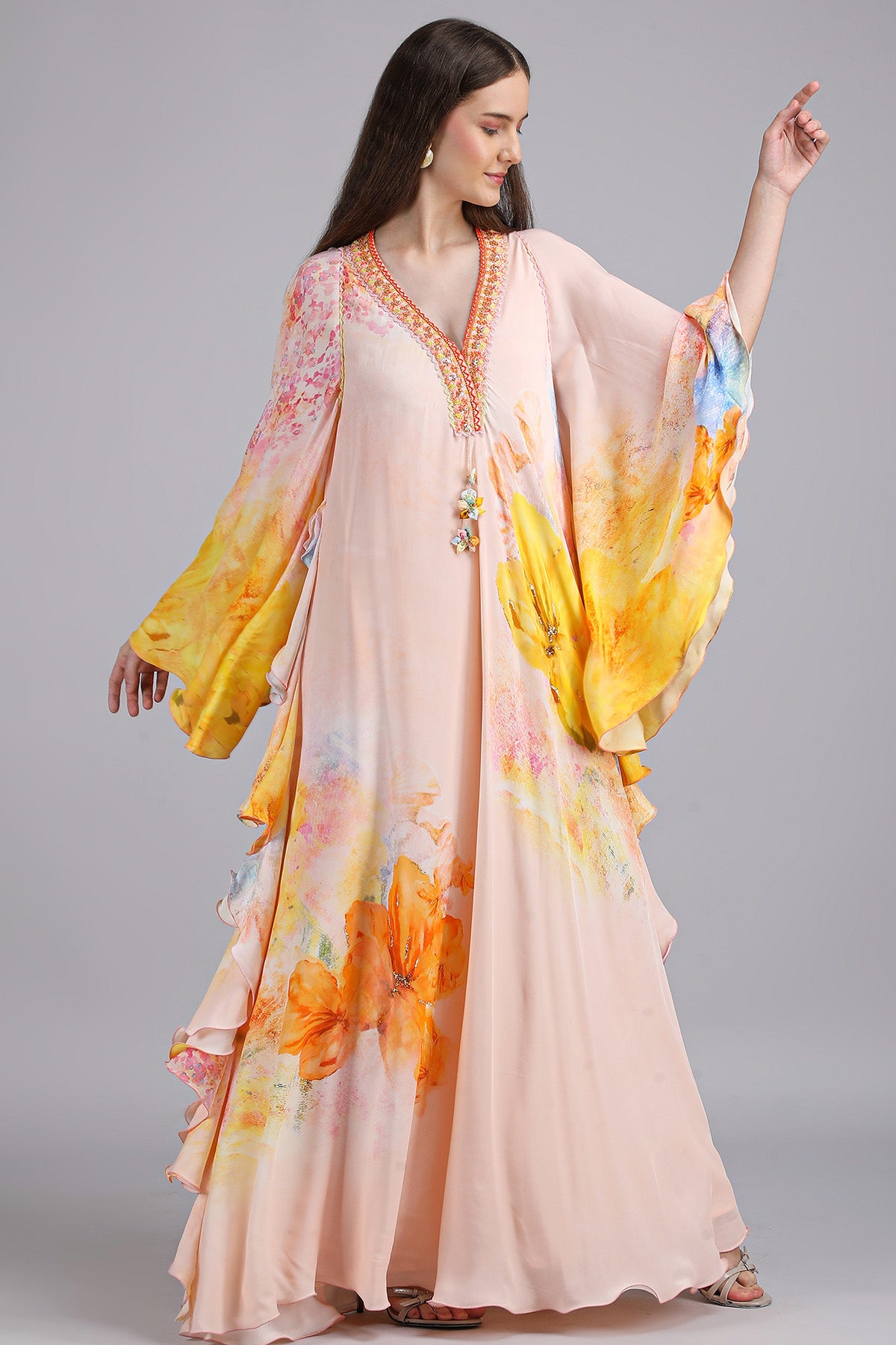 Peach Floral Faux Print Kaftan