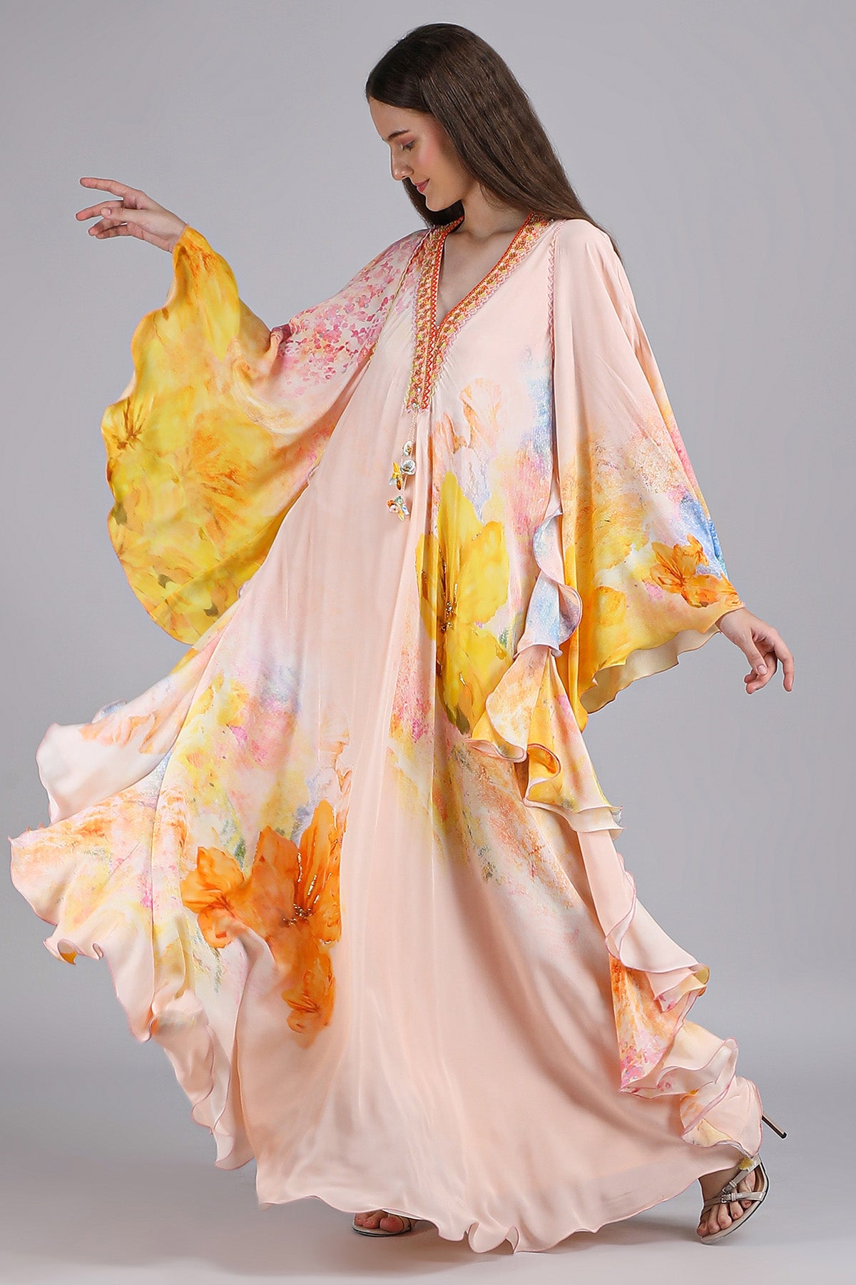 Peach Floral Faux Print Kaftan