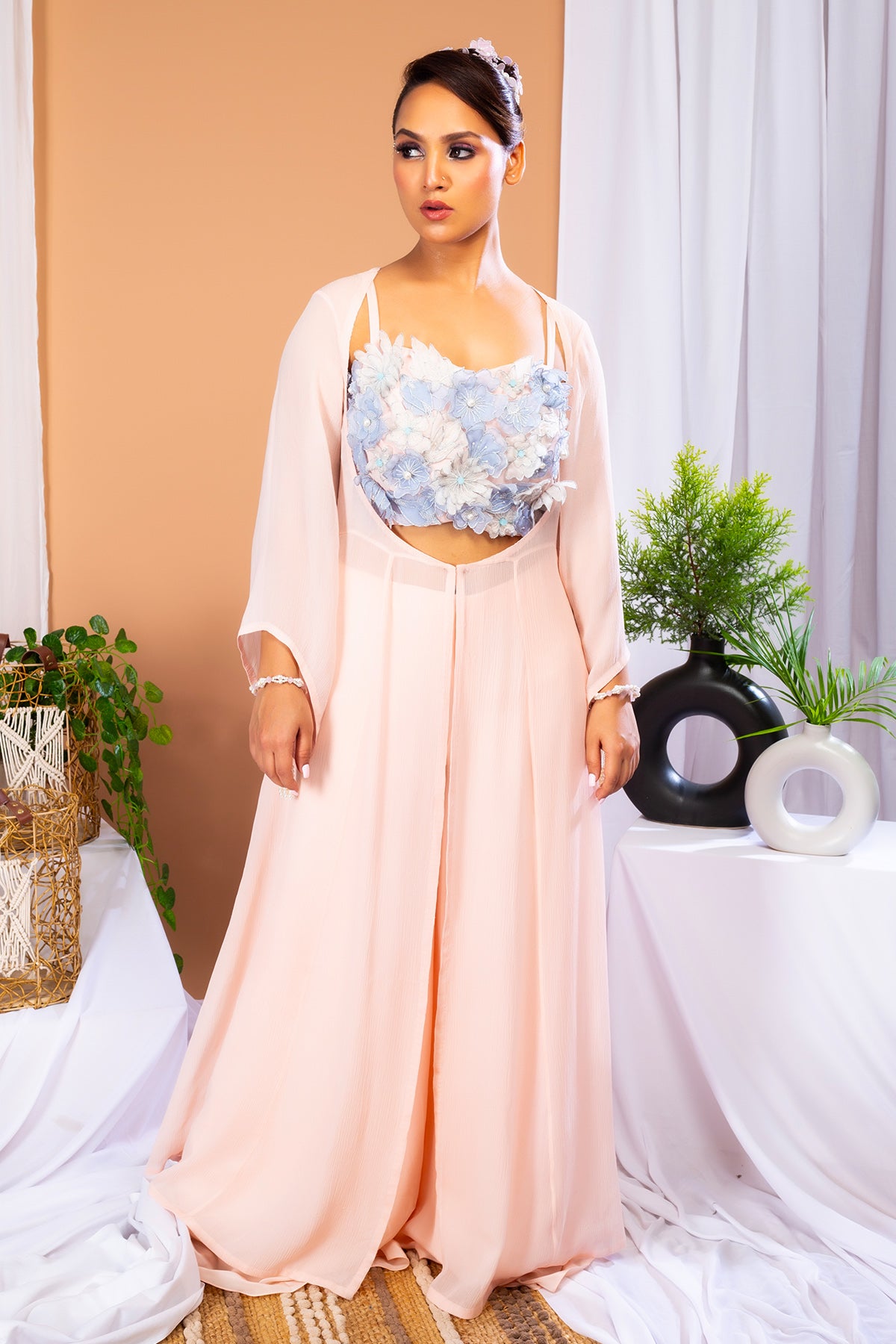 Peach Floral Indo-Western Set