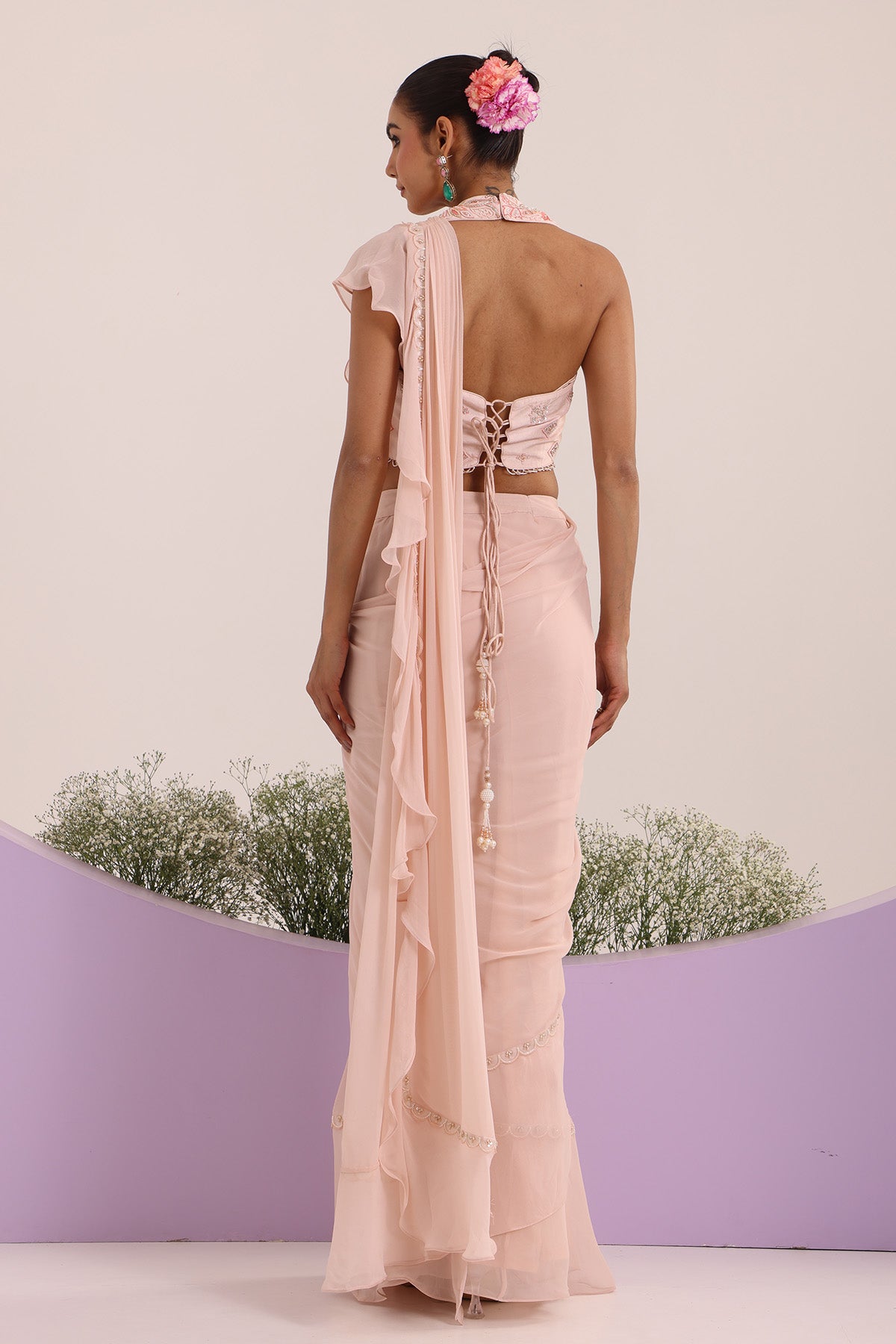 Peach Frill Pre-Draped Saree